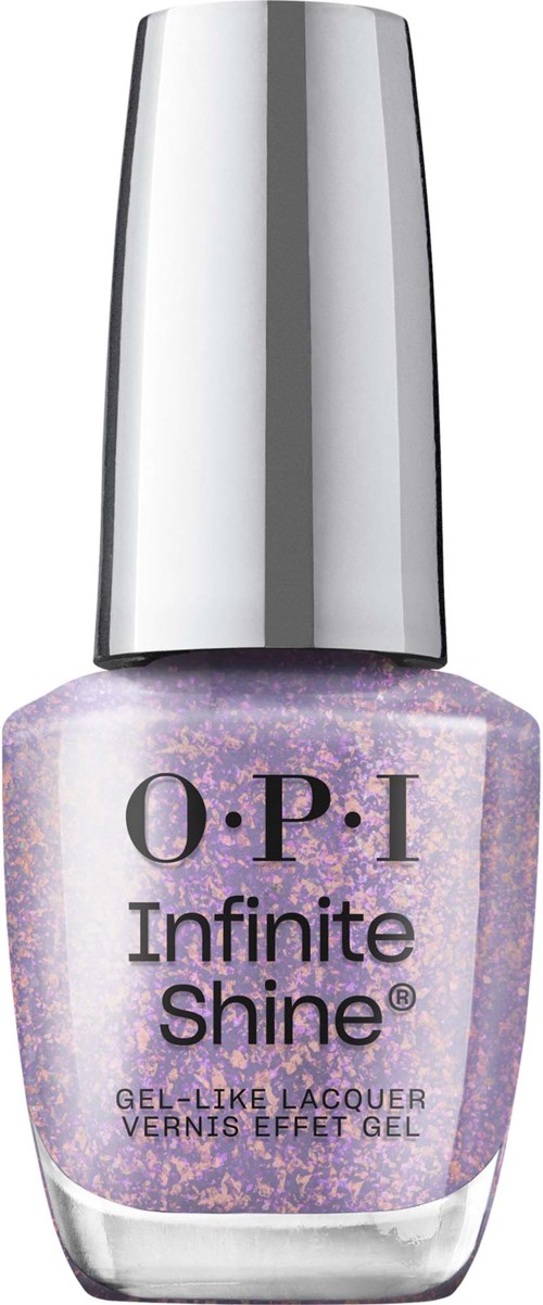 A lavender-colored nail polish bottle with a silver cap and the words "O.P.I Infinite Shine" on the front.
