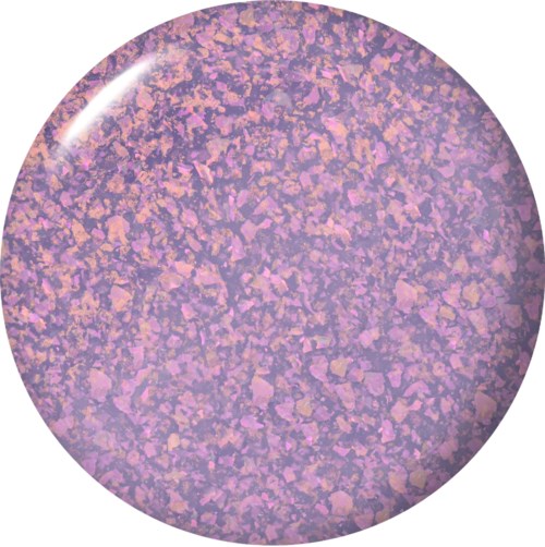 A round, shiny object with pink and purple speckles on its surface, resembling a decorative glass or stone.