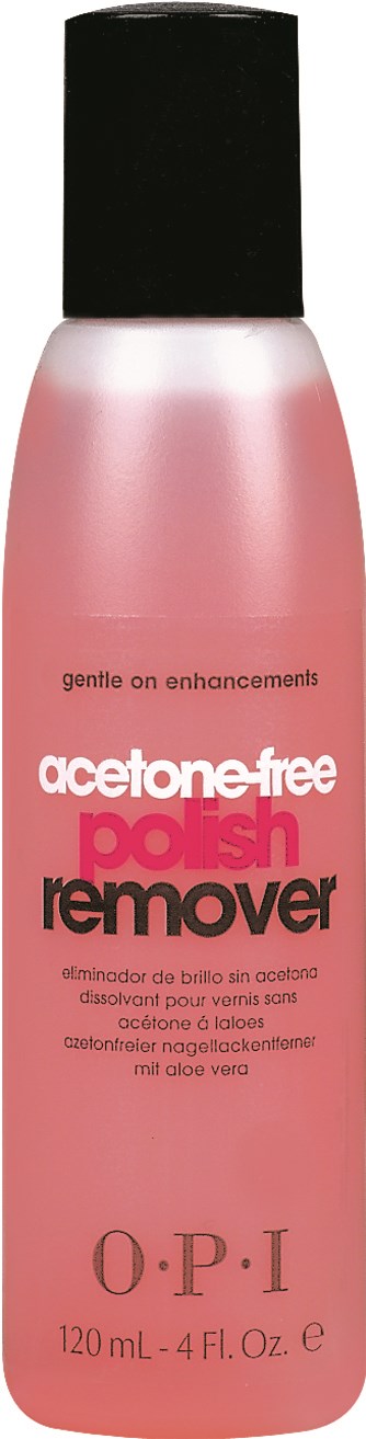 A pink bottle of nail polish remover with a black cap, labeled as acetone-free and gentle on nails.