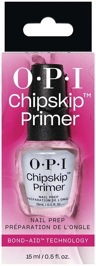 Różowe opakowanie z produktem O.P.I Chipskip Primer do paznokci z technologią Bond-Aid.