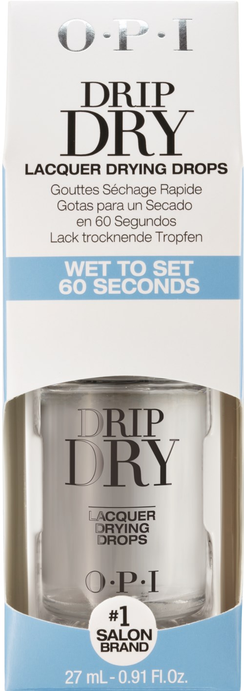 O.P.I drip dry lacquer drying drops bottle, white and blue packaging, contains quick-dry drops for nails.