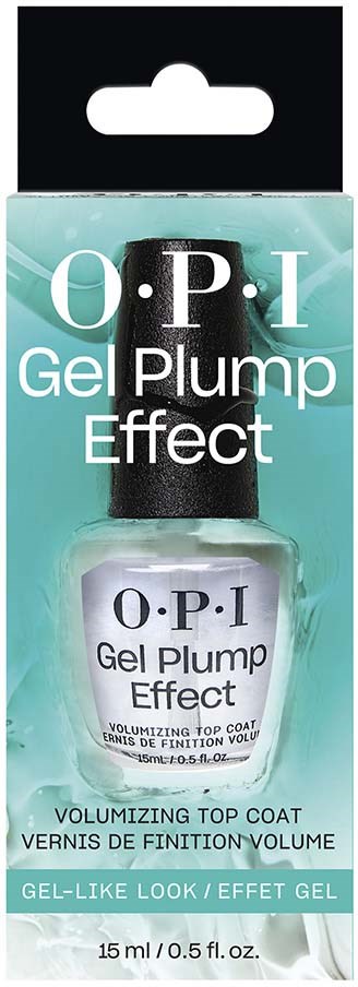 O.P.I gel top coat bottle with teal background, highlighting the 'Gel Plump Effect' for a shiny, voluminous nail look.