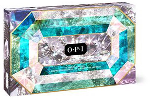 En fargerik eske med diamantmønster og O.P.I-merkelogoen i midten.