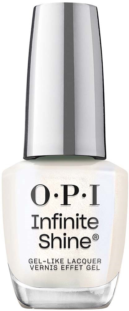 En vit nagellackflaska med silverlock, märkt "O.P.I Infinite Shine," med en modern design.