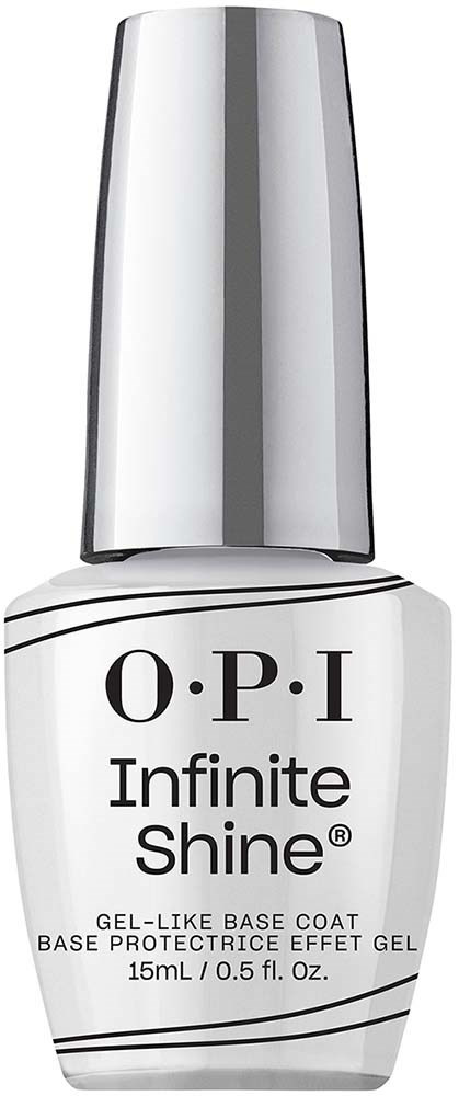 En flaske med OPI Infinite Shine neglelakk med sølvhette og hvit etikett.
