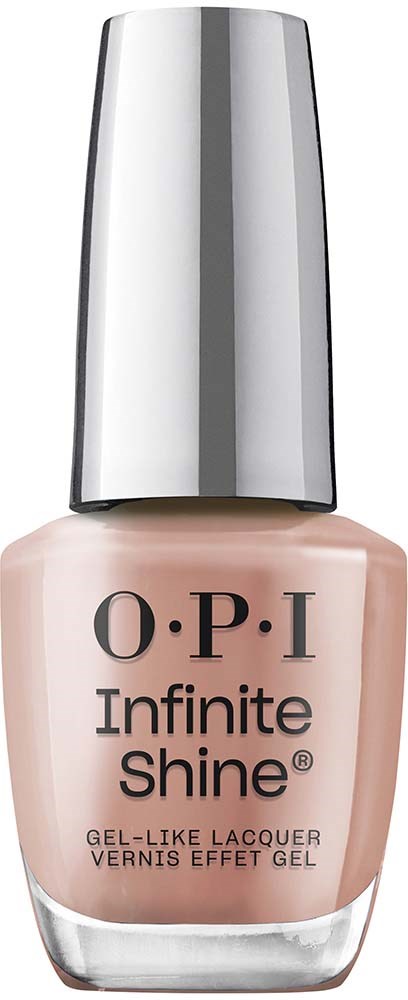 A bottle of O.P.I nail polish labeled 'Infinite Shine' in a soft beige color with a shiny silver cap.