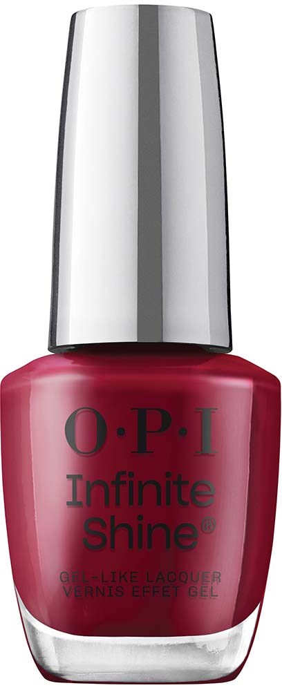 Red nail polish bottle with silver cap, labeled 'O.P.I Infinite Shine' and 'Gel-Like Lacquer.'