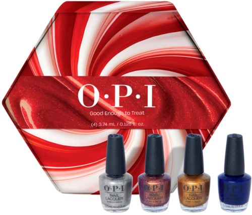 A set of four nail polish bottles and a red, white, and marble-patterned hexagonal box from O.P.I.