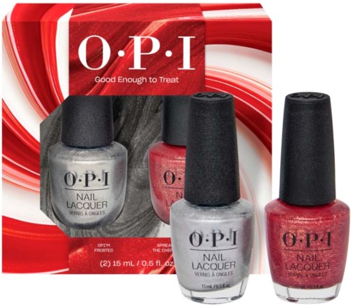Nail polish set with red, silver, and pink colors in small bottles with black caps.