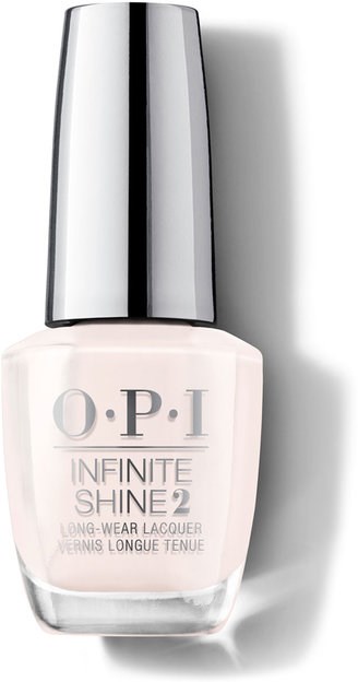 En flaska med OPI Infinite Shine 2 nagellack med silverludd, innehållande ljus rosa nagellack.