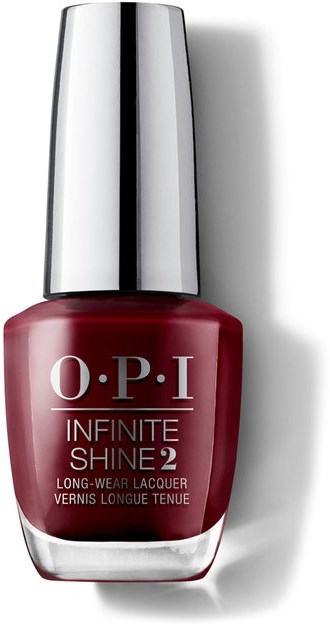 En flaska röd nagellack med ett glänsande silverlock, märkt OPI Infinite Shine 2.