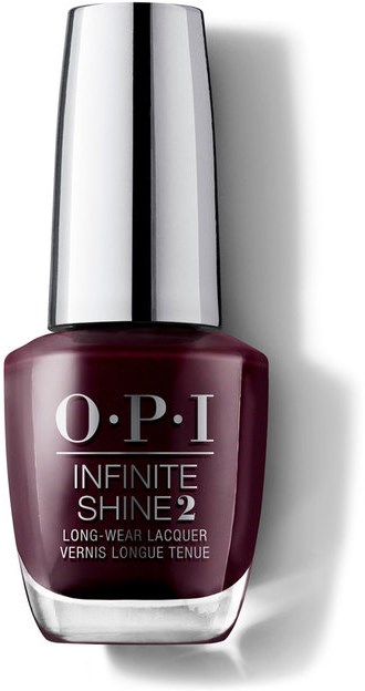 En flaska av O.P.I Infinite Shine 2 nagellack i mörkrött med en silverlock.
