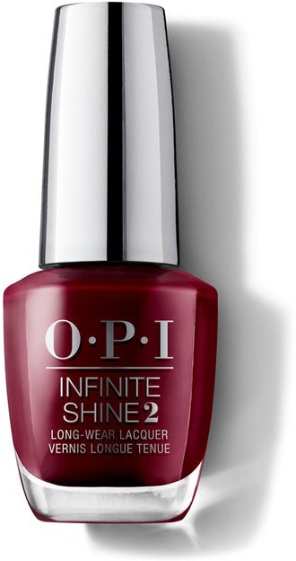 Röd nagellackflaska med silverkork, etikett som säger O.P.I INFINITE SHINE 2, långvarig lack.