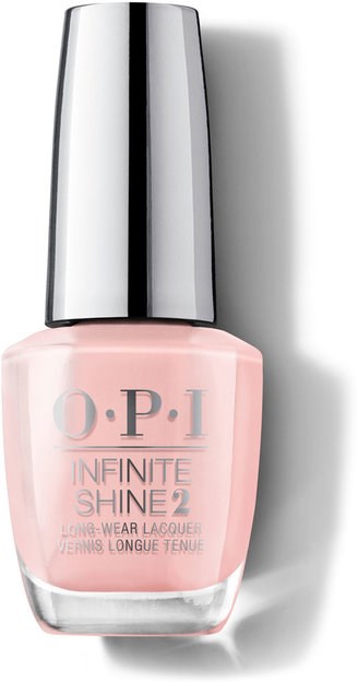 En ljusrosa nagellackflaska med en silverfärgad kork och svart text. Den heter OPI INFINITE SHINE 2.