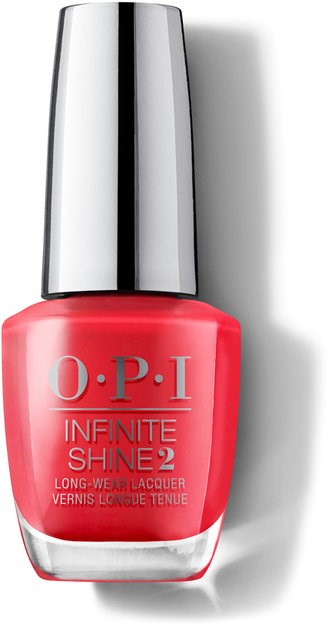 Röd nagellackflaska med en glänsande silverlock, märkt 'O.P.I Infinite Shine 2' för långvarigt bruk.