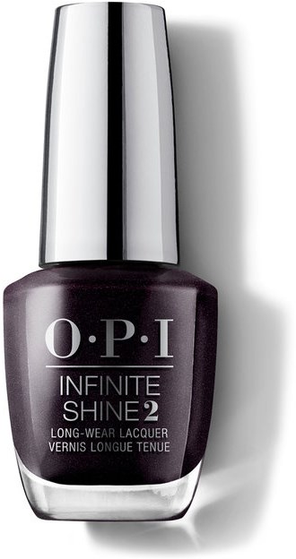 Mörklila nagellackflaska med silverkork och vit text, märkt O.P.I Infinite Shine 2.
