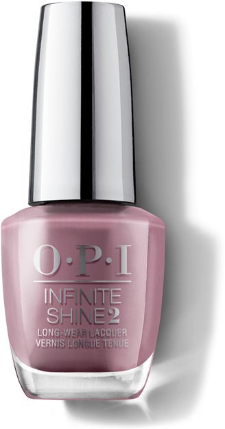 En rosa nagellacksflaska med silverlock från O.P.I, märkt 'Infinite Shine 2' för långvarig hållbarhet.