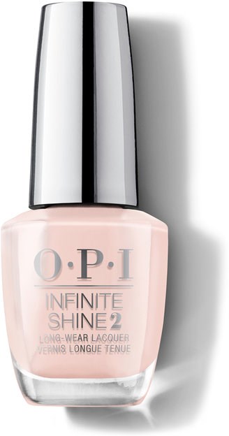 En flaska med OPI Infinite Shine 2 nagellack i ljusrosa med en silverkork.