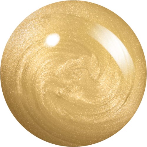 A round, golden, glittery object with swirling patterns and shiny spots, looks like a shiny, decorated ball or ornament.