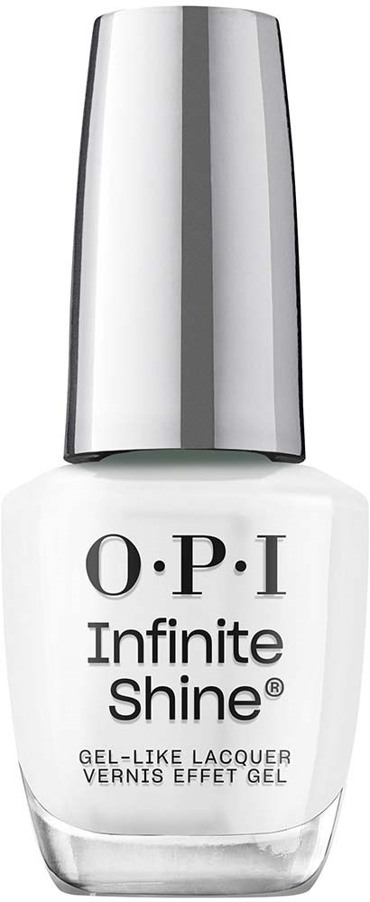 A white nail polish bottle with a silver cap and black text reading "O.P.I Infinite Shine."