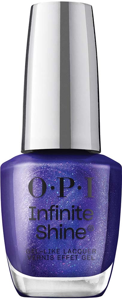 A blue-purple nail polish bottle with a silver cap from O.P.I's Infinite Shine collection. It sparkles and shines.