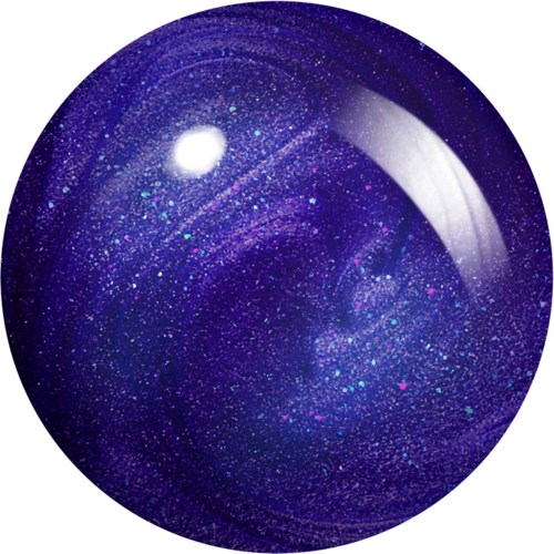 A round, shiny object shows a starry night sky with bright stars and a large glowing moon.