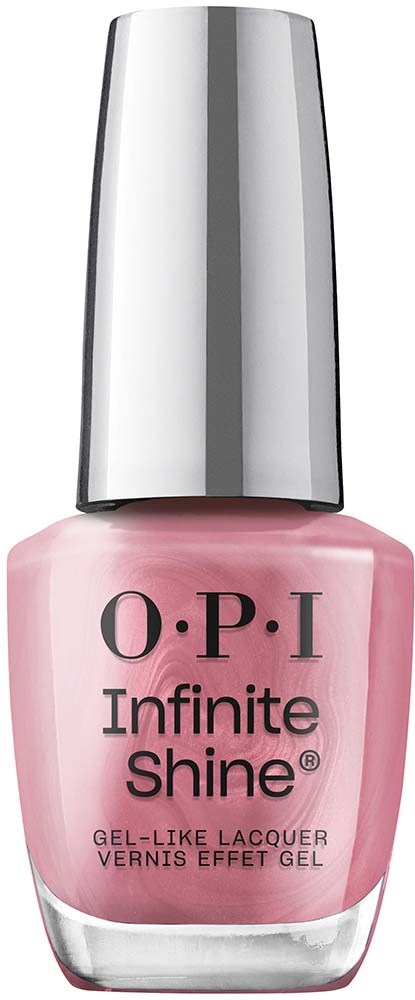 A pink nail polish bottle with a silver cap, labeled 'O.P.I Infinite Shine'.