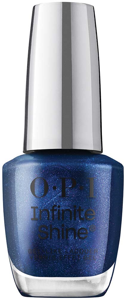 Blue nail polish bottle with silver cap, labeled 'O.P.I Infinite Shine'.