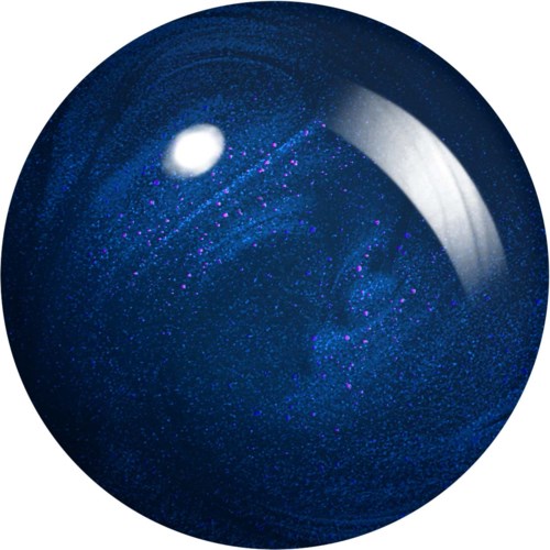 A shiny, dark blue spherical object with a bright white spot and a reflection, resembling a galaxy or space scene.