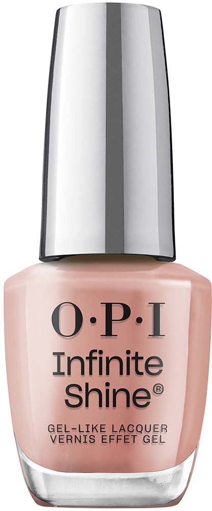 A bottle of pink nail polish with a shiny silver cap, labeled "O.P.I Infinite Shine."