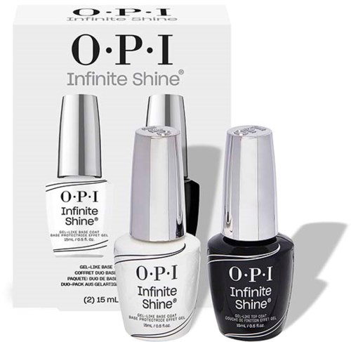 A box of O.P.I Infinite Shine gel nail polish, with two bottles, one white and one black, in front.