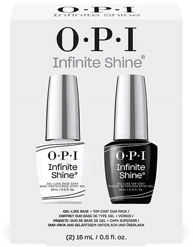 This is a box for O.P.I. Infinite Shine nail polish, showing two bottles with silver caps, one white, one black.