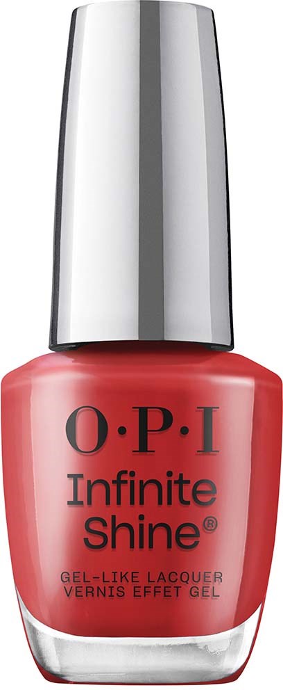 Red nail polish bottle with silver cap, labeled 'O.P.I Infinite Shine'.