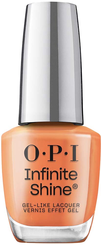 A bottle of O.P.I Infinite Shine nail polish in peach color with a silver cap.