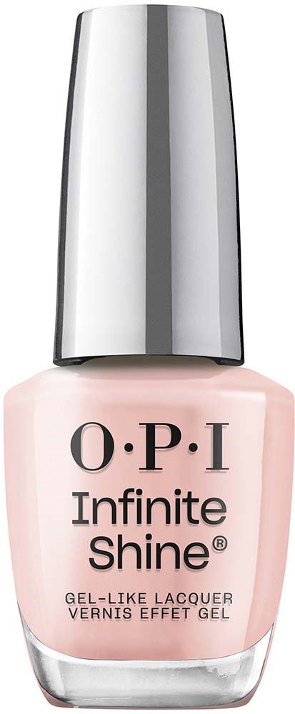 A bottle of OPI Infinite Shine nail polish in a light pink color with a silver cap.
