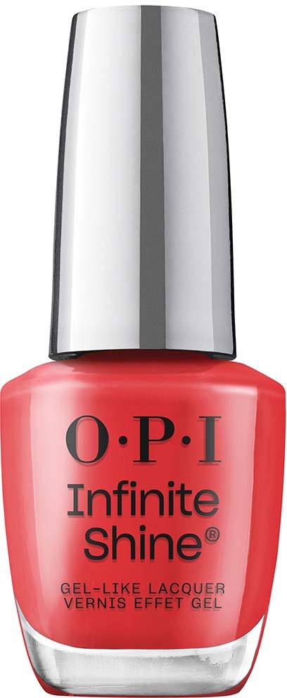 Bright coral nail polish bottle with silver cap, labeled 'O.P.I Infinite Shine'.
