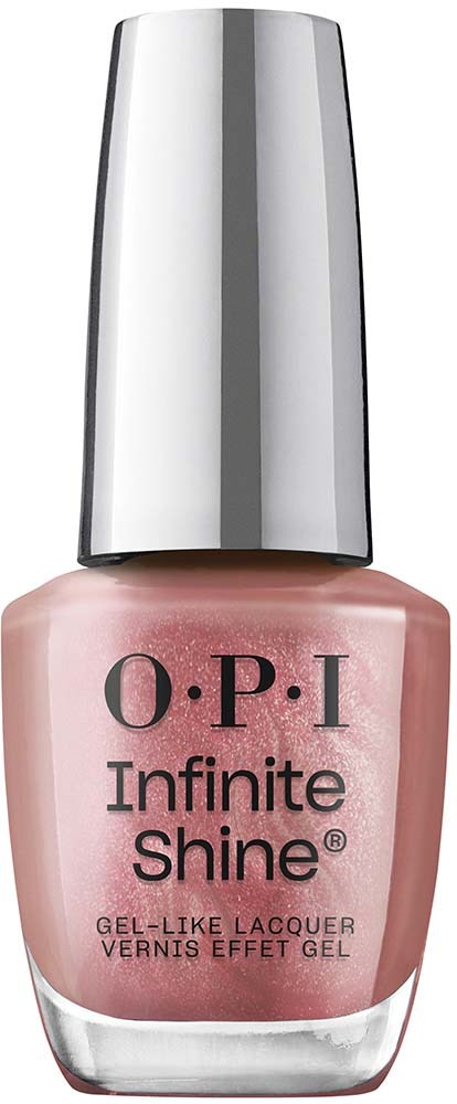 A nail polish bottle with a metallic cap, light pink color, labeled "O.P.I Infinite Shine."