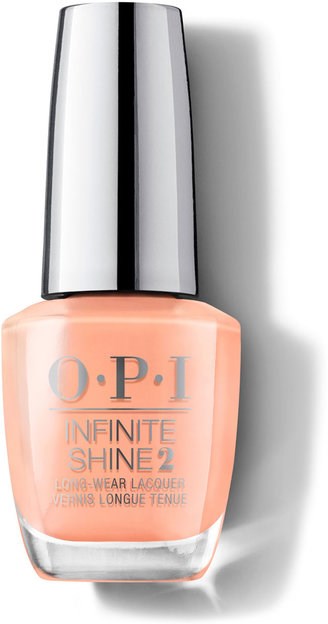 Ljus rosa nagellackflaska med silverkapsyl, märkt 'O.P.I Infinite Shine 2' för långvarigt bruk.