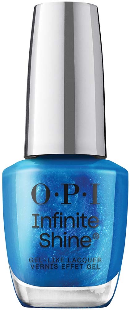 A blue nail polish bottle with a silver cap labeled "O.P.I Infinite Shine".