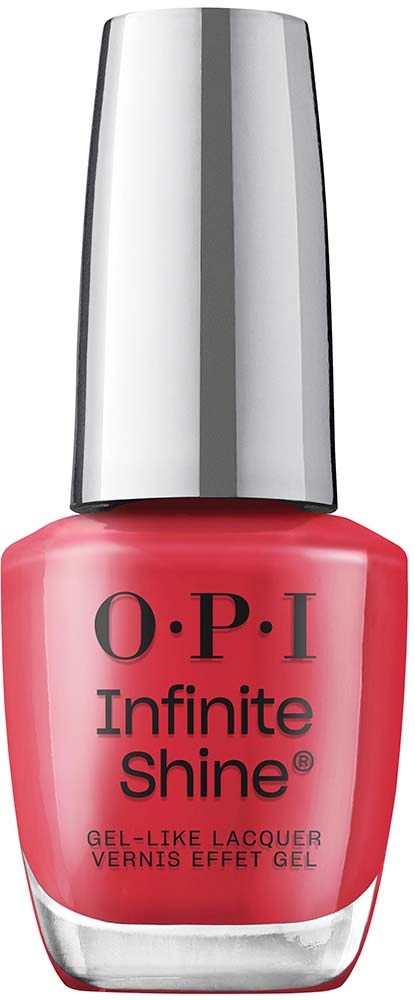 Pink nail polish bottle with silver cap, labeled 'O.P.I Infinite Shine' and 'Gel-Like Lacquer'.