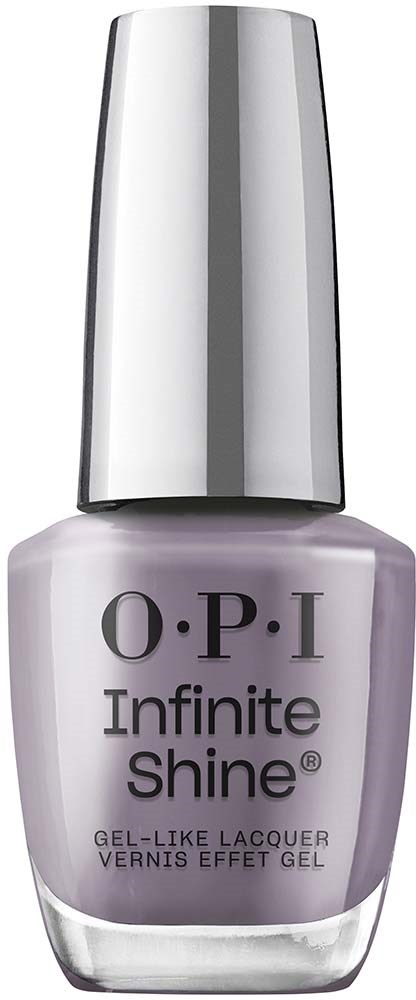 A lavender-colored nail polish bottle with a silver cap, labeled 'O.P.I Infinite Shine' and 'Gel-Like Lacquer'.