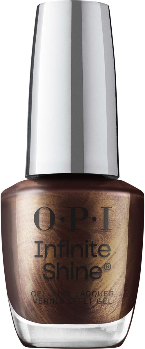 En brun neglelakkflaske med en blank sølvhette, merket OPI Infinite Shine.