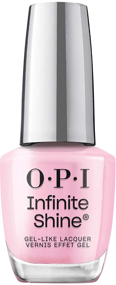 Pink nail polish bottle with a silver top and black text reading "O.P.I Infinite Shine."