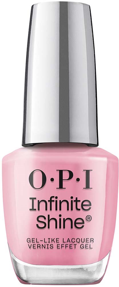 A pink nail polish bottle with silver cap labeled 'O.P.I Infinite Shine' offering gel-like finish.