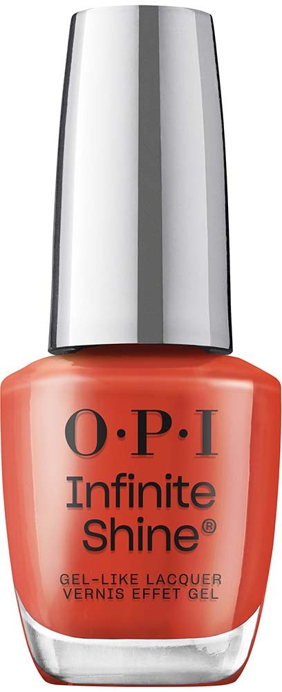 A bottle of coral-colored nail polish with a silver cap and black text reading 'O.P.I Infinite Shine'.