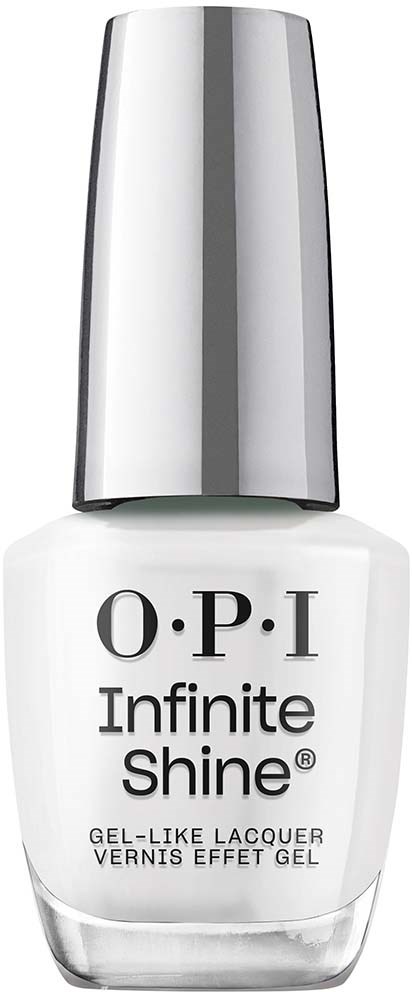 A white nail polish bottle with a silver cap and black text, labeled OP I Infinite Shine.