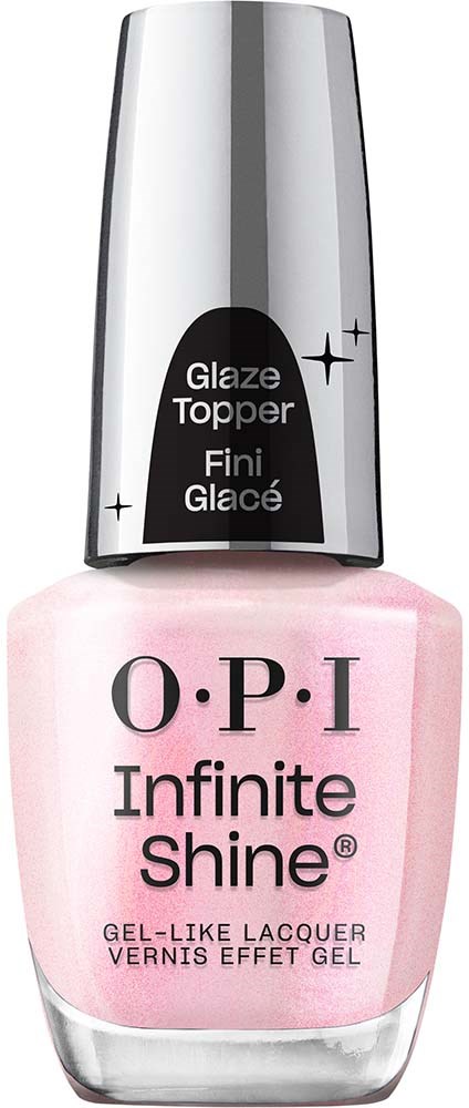 Nagellackflaska i rosa med silverlock och svart etikett med texten O.P.I Infinite Shine.