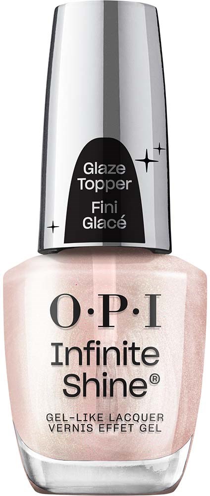 En flaska av OPI Infinite Shine nagellack med en silver- och svart topp, märkt som geléliknande lack.