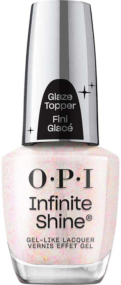 En nagellacksflaska med vit och silverkork och mjuk rosa glans. Visar märket O P I och produktnamnet.