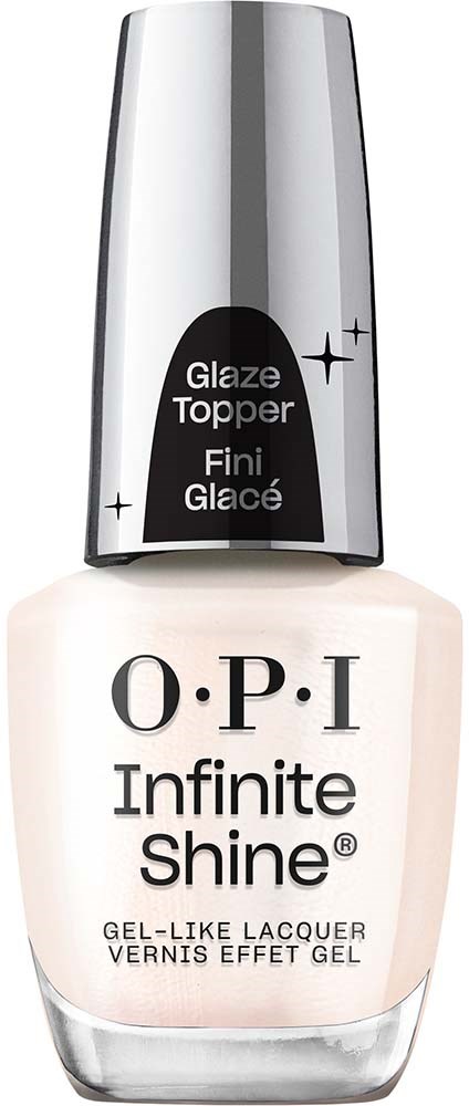 En vit nagellackflaska med en silverkapsel, märkt OPI Infinite Shine, med en svart etikett om glaze top coat.